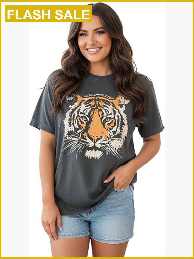 Plus Size Vintage Tiger Graphic Tee Crewneck Short Sleeve Streetwear Top